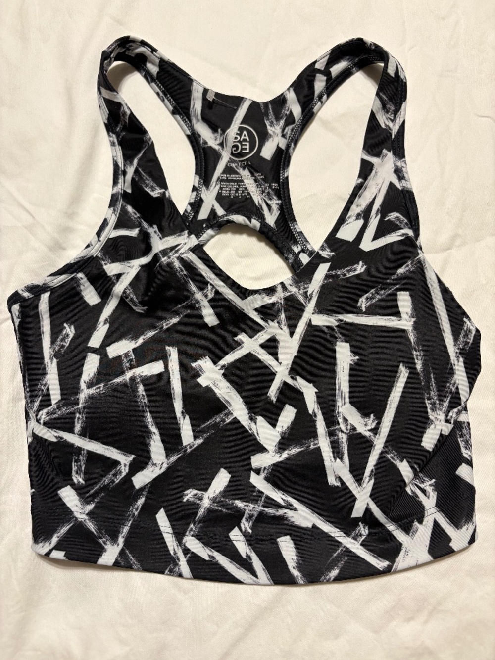 SAGE Collective Black White Abstract Graphic Longline Sports Bra Crop Top L